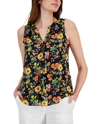 T Tahari Women's Printed Split-Neck Sleeveless Top