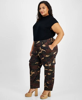Bar Iii Trendy Plus Satin Camo-Print Cargo Pants, Created for Macy's