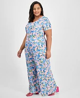 Bar Iii Trendy Plus Size Textured Floral Wide-Leg Pants, Created for Macy's