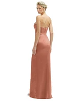 After Six Women's Strapless Topstitched Corset Satin Maxi Dress with Draped Column Skirt