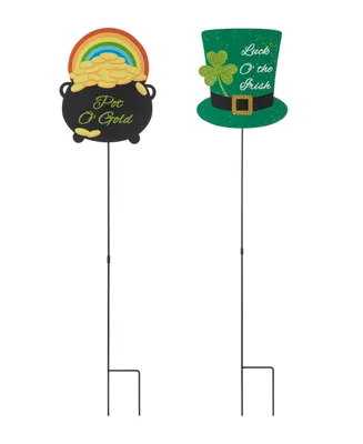 Glitzhome St. Patrick's Pot of Gold-tone Leprechaun Hat Metal Yard Stake, Set of Two