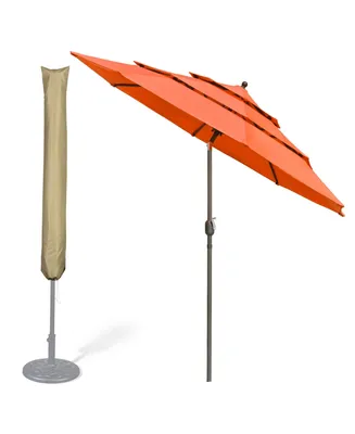 10 Ft 3 Tier Patio Umbrella with Protective Cover Crank Push to Tilt Hotel