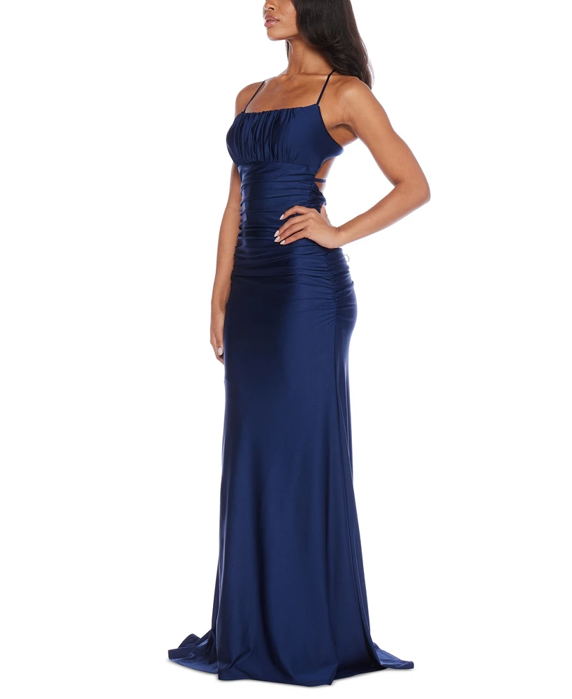 B Darlin Juniors' Square-Neck Ruched Strappy Sleeveless Gown