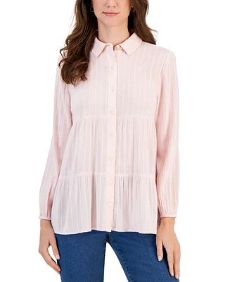 Style & Co Women's Textured-Stripe Button Shirt, Created for Macy's