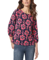 Jones New York Petite Floral-Print Puff-Cuff 3/4-Sleeve Knit Top