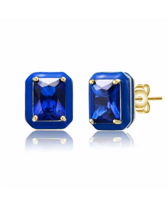 14k Yellow Gold Plated with Blue Cubic Zirconia Radiant Blue Enamel Halo Stud Earrings