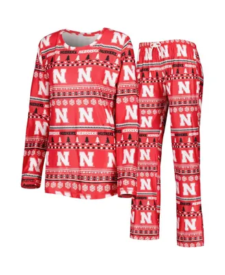 Women's Concepts Sport Scarlet Nebraska Huskers Holiday Long Sleeve T-shirt and Pants Sleep Set