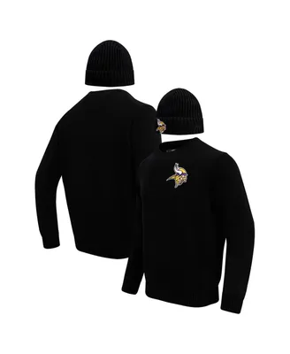 Men's Pro Standard Black Minnesota Vikings Crewneck Pullover Sweater and Cuffed Knit Hat Box Gift Set
