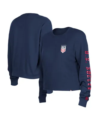 Women's 5th & Ocean by New Era Navy Uswnt Athleisure Thermal Cropped Long Sleeve T-shirt