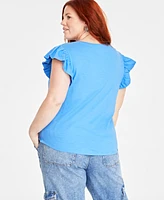 On 34th Trendy Plus Size Flutter-Sleeve Crewneck T-Shirt, Created for Macy's