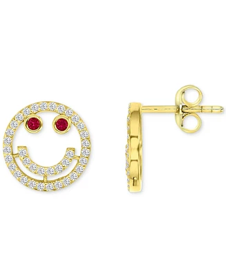 Lab-Grown Ruby (1/4 ct. t.w.) & Cubic Zirconia Smiley Stud Earrings in 14k Gold-Plated Sterling Silver