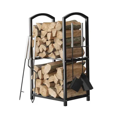 Firewood Rack Outdoor Indoor - 2-Tier Firewood Holder with Fireplace Tools Set, Brush, Shovel, Poker, Tongs