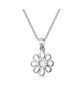 White Rainbow Created Opal Daisy Flower Pendant Necklace For Women .925 Sterling Silver October Birthstone
