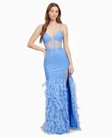 Dear Moon Juniors' Embellished Illusion-Corset Feather-Skirt Gown