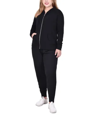 Ny Collection Plus Size Long Sleeve French Terry Hooded Sweatshirt and Jogger Pants, 2 Piece Set