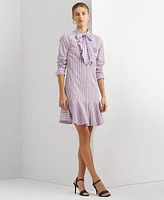 Lauren Ralph Women's Striped Broadcloth Tie-Neck Shirtdress