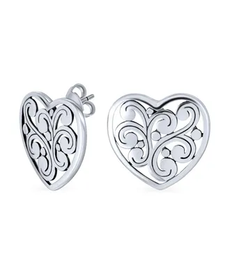 Swirl Filigree Scroll Heart Shaped Stud Earrings For Women For Girlfriend .925 Sterling Silver