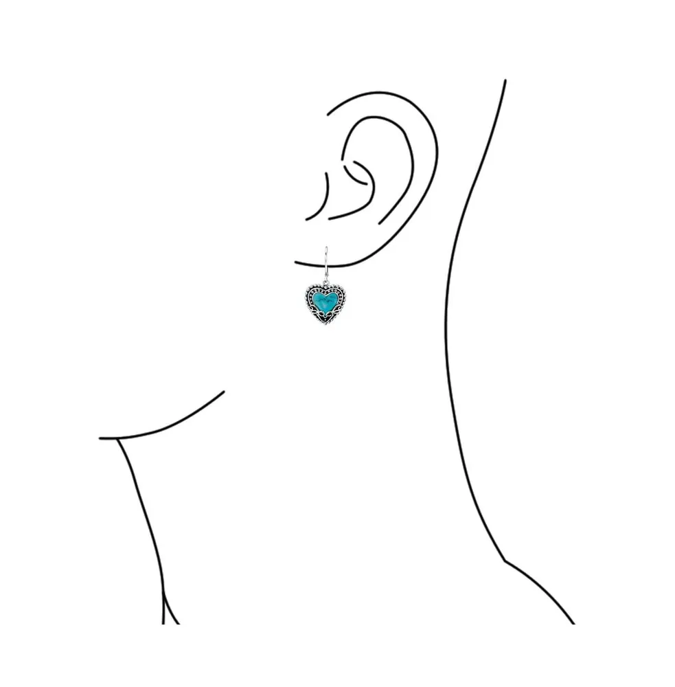 Boho Bali Style Scroll Filigree Blue Turquoise Gemstone Heart Shaped Dangling Earrings For Women Oxidized .925 Sterling Silver Lever back