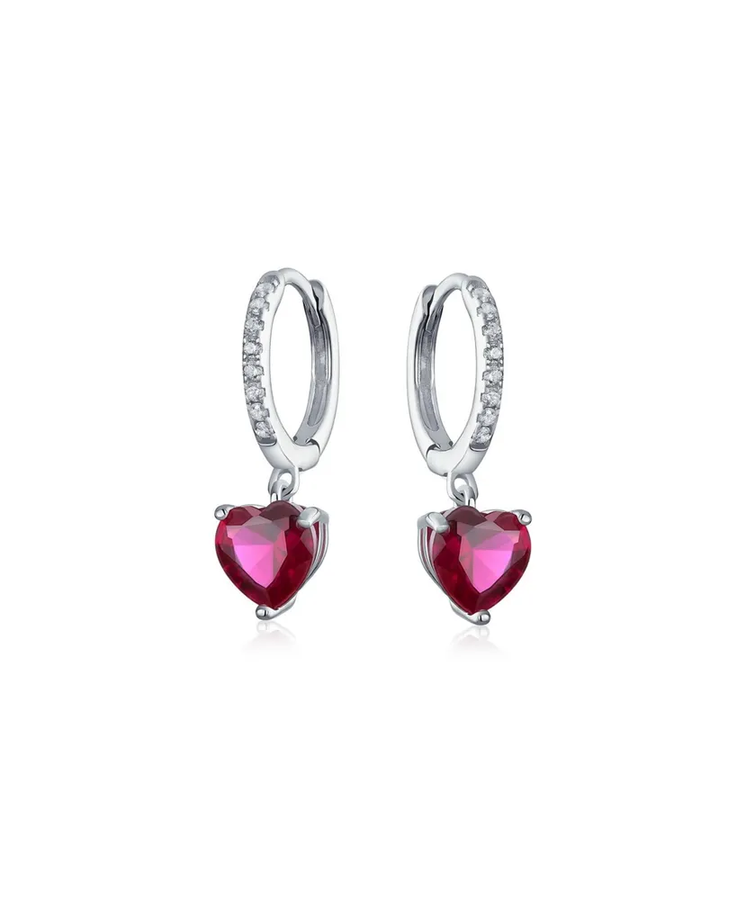 Bling Jewelry Fuchsia Pink Cubic Zirconia Cz Heart Huggie Hoop Lever back Dangling Earrings For Women Sterling Silver Cz Accent