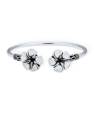 Bali Style Plumeria Flower Tips Stacking Bangle Bypass Cuff Bracelet For Women For Teen Oxidized .925 Sterling Silver