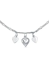 Bling Jewelry Three Multi Dangling Hearts Charms Anklet Ankle Figaro Bracelet For Women Sterling Silver Adjustable 9 To 10 Inch With Extender