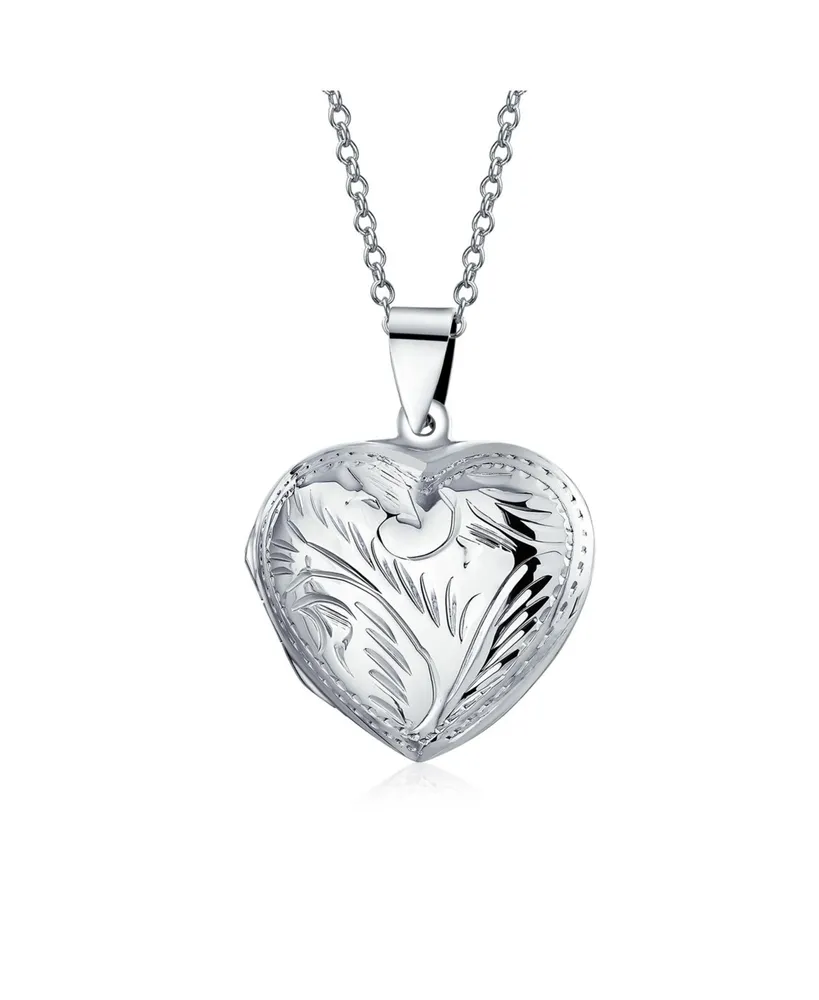 Bling Jewelry Simple Plain Keepsake Domed Puff carved Leaf Heart Shaped Photo Locket For Women Teens Holds Photos Pictures .925 Silver Necklace Pendan