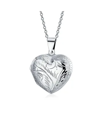 Bling Jewelry Simple Plain Keepsake Domed Puff carved Leaf Heart Shaped Photo Locket For Women Teens Holds Photos Pictures .925 Silver Necklace Pendan