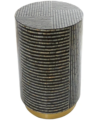 Rosemary Lane Mother of Pearl Drum Accent Table with Linear Mosaic Pattern and Gold Base