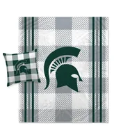 Pegasus Home Fashions Michigan State Spartans Gray Plaid Stripes Blanket and Pillow Combo Set