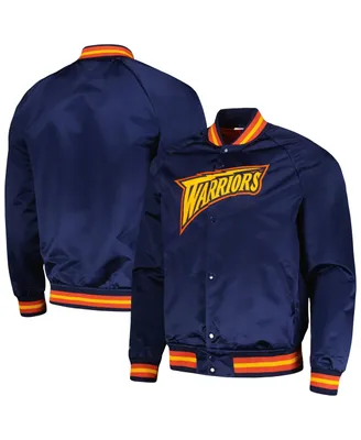 Men's Mitchell & Ness Navy Golden State Warriors Hardwood Classics Throwback Wordmark Raglan Full-Snap Jacket