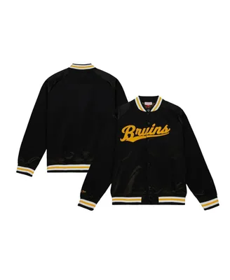 Men's Mitchell & Ness Black Boston Bruins 100th Anniversary Satin Raglan Full-Snap Jacket
