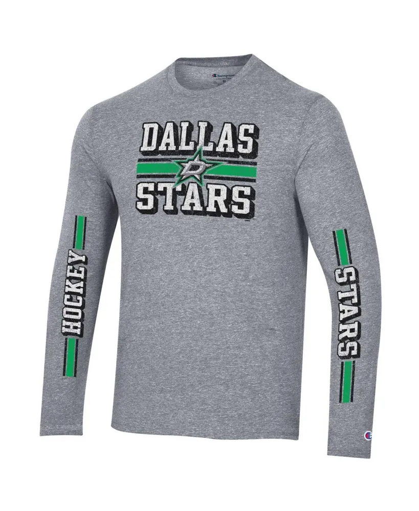 Men's Champion Heather Gray Distressed Dallas Stars Tri-Blend Dual-Stripe Long Sleeve T-shirt