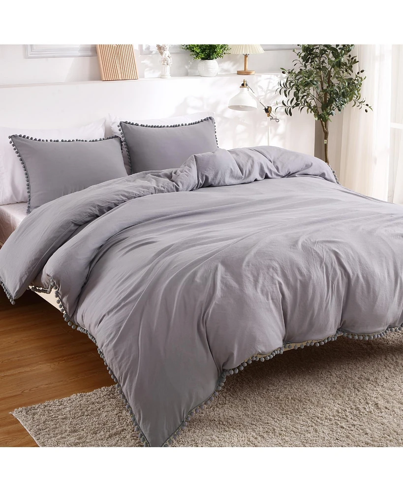 3 Piece Pom Soft Washed Microfiber Duvet Cover Set