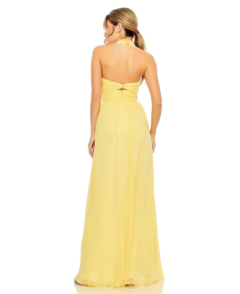 Women's Ruched Halter Strap Keyhole Chiffon Gown