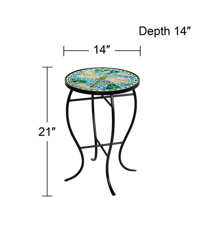 Dragonfly Scene Black Metal Round Outdoor Accent Side Tables 14" Wide Set of 2 Blue Mosaic Tile Tabletop Gracefully Curved Legs Spaces Porch Patio Hom