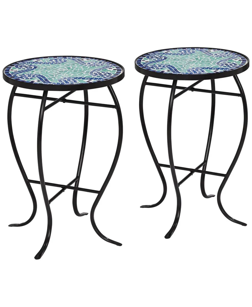 Ocean Wave Black Metal Round Outdoor Accent Side Tables 14" Wide Set of 2 Blue Mosaic Tile Tabletop Gracefully Curved Legs for Spaces Porch Patio Home