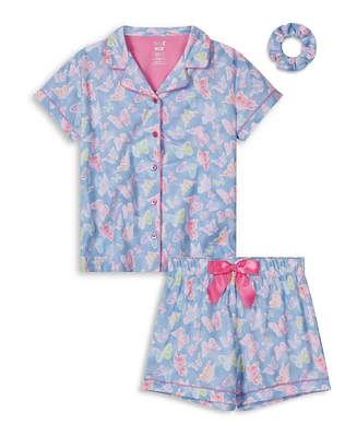Max & Olivia Girls Soft Jersey Fabric Shorts Pajama Set with Scrunchie, 3 Piece