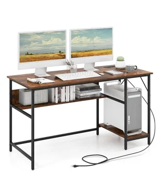 55 Inches Computer Desk with Charging Station-Brown