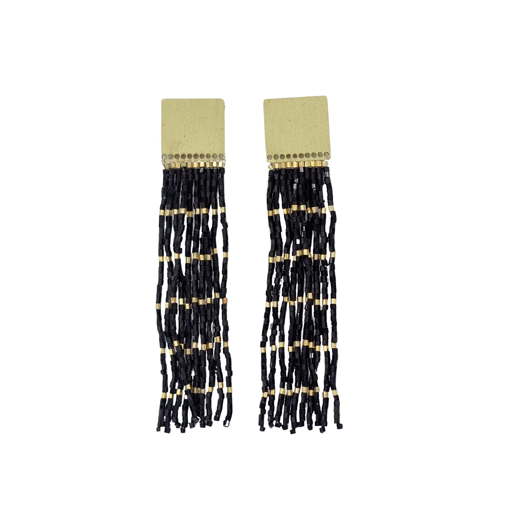 Ink + Alloy Harlow Brass Top Solid With Gold Stripe Beaded Fringe Earrings