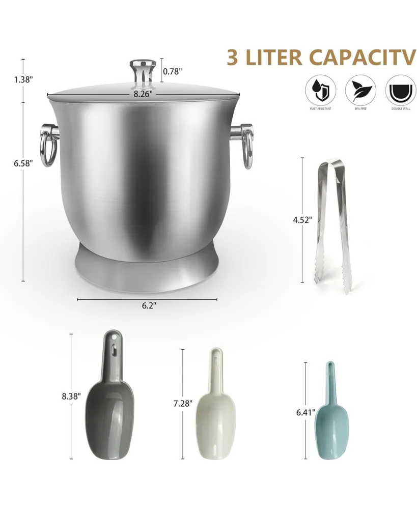 Mega Casa Stainless Steel Ice Bucket with Ice Tongs, Scoop, Lid - 3.3 L