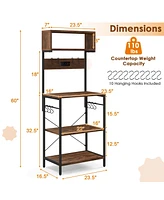 Kitchen Bakers Rack 60'' Microwave Stand with Power Outlet Open Shelves & Hooks