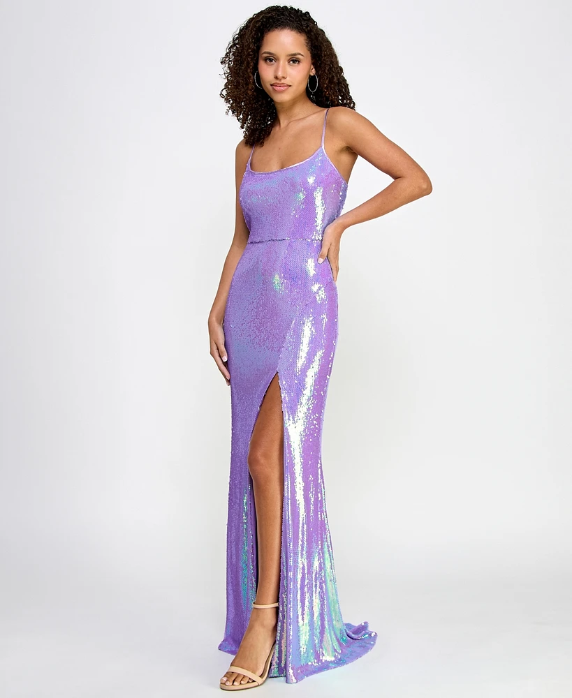 Crystal Doll Juniors' Sequin Scoop-Neck Strappy Gown