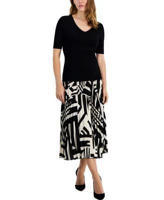 Anne Klein Womens Half Sleeve V Neck Top Pull On Printed Midi Pleated Skirt