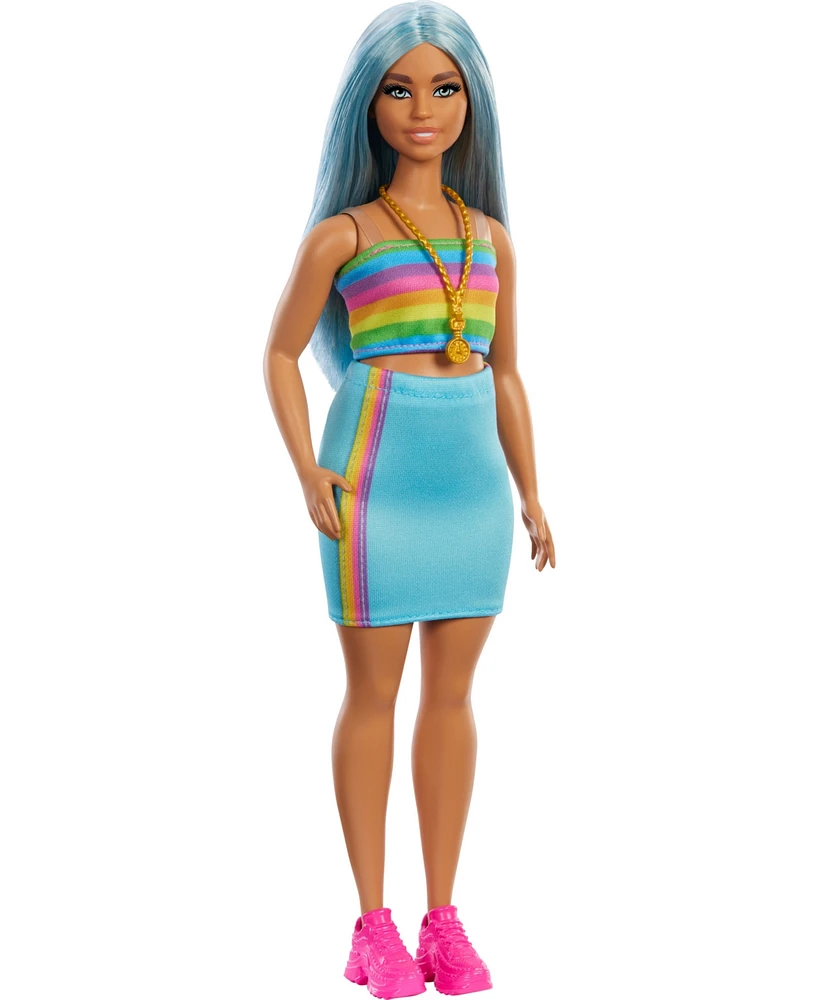 Barbie Fashionistas Doll 218 with Blue Hair, Rainbow Top and Teal Skirt, 65th Anniversary