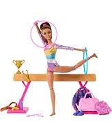 Barbie Gymnastics Play Set with Brunette Fashion Doll, Balance Beam, 10 Plus Accessories and Flip Feature