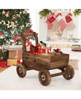 Decorative Wooden Wagon Cart with Handle Wheels and Drainage Hole-Rustic Brown