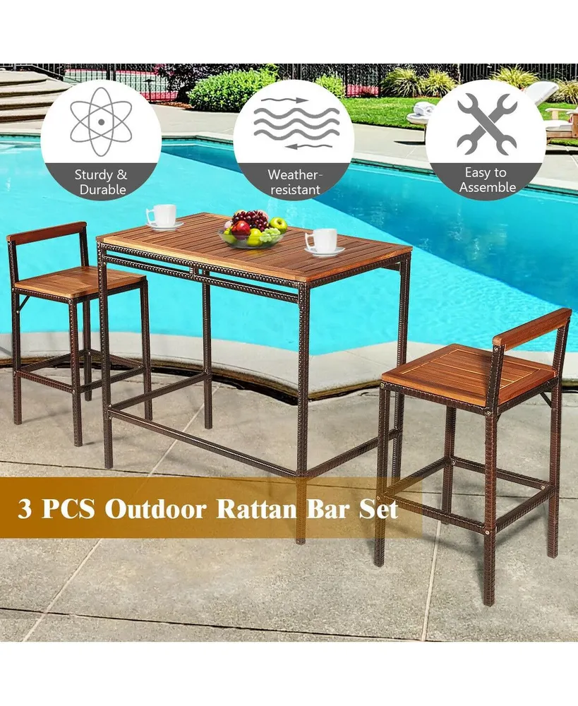 3 Pieces Patio Rattan Wicker Bar Dining Furniture Set