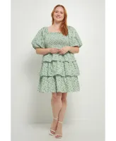 Women's Plus Crinkled Floral Linen Smocked Tiered Mini Dress