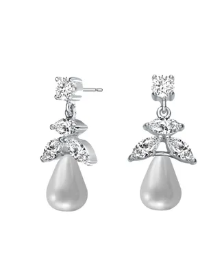 Genevive Sterling Silver with Rhodium Plated White Round Freshwater Pearl with Marquise and Round Cubic Zirconia Earrings
