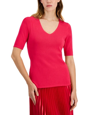 Anne Klein Petite Half-Sleeve V-Neck Fitted Sweater